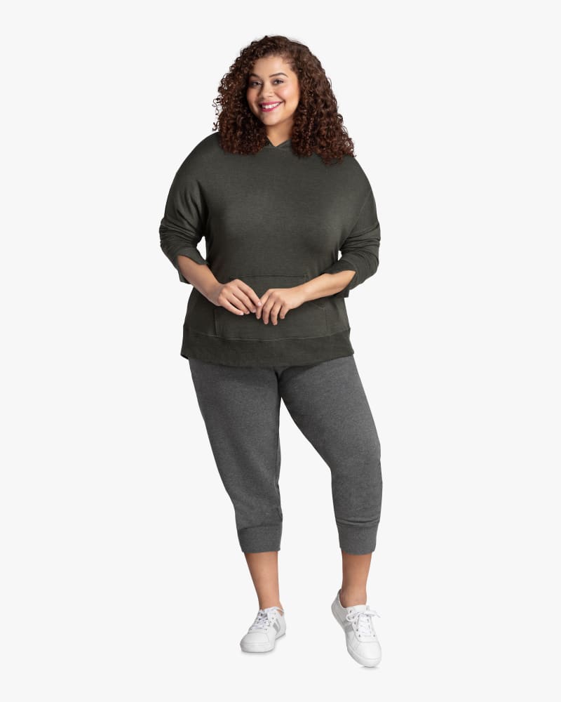 Plus size model with diamond body shape wearing Deena Long Sleeve Knit Hoodie  by East Adeline | Dia&Co | dia_product_style_image_id:115224